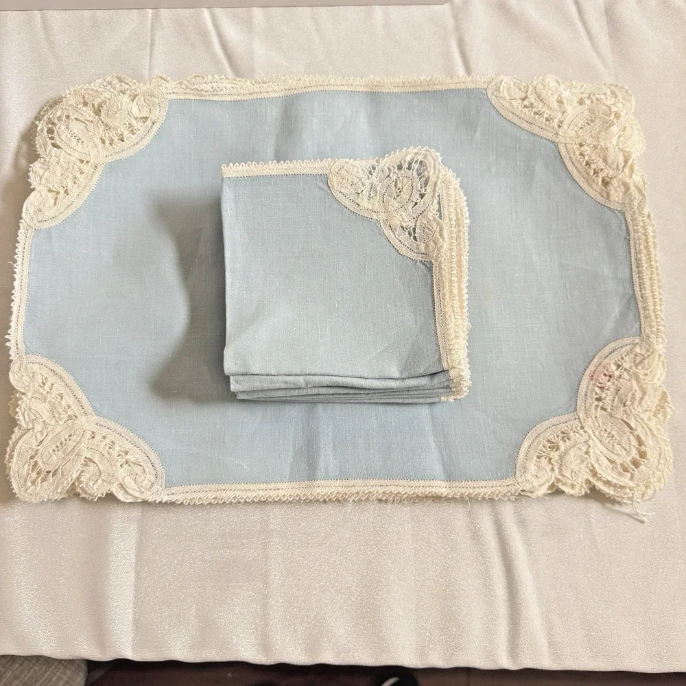 Vintage Blue Linen Placemats 16x11 Napkins 11x11 Set 23pc Lace Trim Estate
